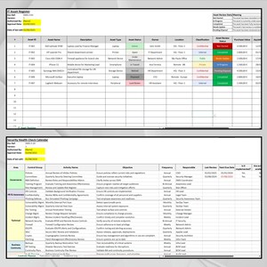 Pu&ograve; includere: Due documenti con testo, intitolati "Registro asset IT" e "Calendario di controllo dello stato di sicurezza". Il Registro asset IT elenca i dettagli degli asset in formato tabella. Il Calendario di controllo dello stato di sicurezza delinea attivit&agrave;, obiettivi e frequenza.