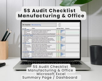 Pode incluir: Um ecrã de computador portátil que mostra uma lista de verificação de auditoria 5S para ambientes de fabrico e escritório. A lista de verificação está formatada numa folha de cálculo do Microsoft Excel com uma página de resumo ou um painel. O computador portátil está sobre uma secretária branca com um porta-lápis de madeira, lápis, um caderno e uma caneca de café preta.