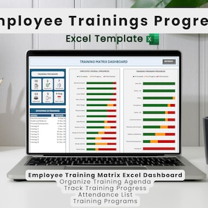 Könnte beinhalten: Ein Laptop-Bildschirm zeigt eine Tabelle mit einem grünen, gelben und roten Farbschema. Die Tabelle ist mit "Training Matrix Dashboard" betitelt und zeigt den Fortschritt der Mitarbeiterschulung. Der Text "Employee Trainings Progress" wird in einem Banner oben auf dem Bildschirm angezeigt.