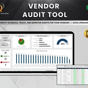 May include: A computer screen displaying a vendor audit tool interface. The screen shows data visualizations, including charts and graphs, with the text "VENDOR AUDIT TOOL" at the top. The Excel logo is visible, along with the text "EFFICIENTLY SCHEDULE, TRACK, AND MONITOR AUDITS FOR YOUR VENDORS | EXCEL SPREADSHEET."