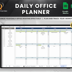 Könnte beinhalten: Eine digitale Planervorlage für tägliche Büroaufgaben. Die Vorlage ist für Juli 2024 konzipiert und enthält eine Fortschrittsleiste, Kontrollkästchen und monatliche Registerkarten. Die Vorlage ist in den Formaten Google Sheets und Excel verfügbar.