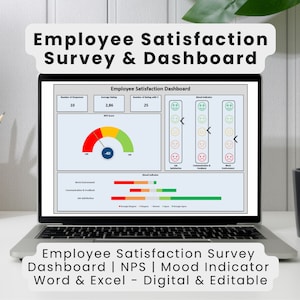 Könnte beinhalten: Ein Laptop-Bildschirm zeigt ein Dashboard für eine Mitarbeiterzufriedenheitsumfrage mit einer roten, gelben und grünen Anzeige, einem Stimmungsindikator und Balkendiagrammen. Der Text auf dem Bildschirm lautet "Mitarbeiterzufriedenheits-Dashboard".