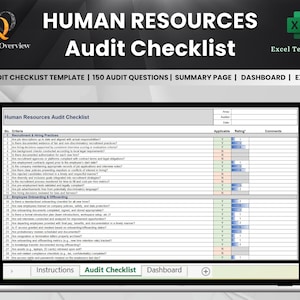 May include: A computer screen displaying a Human Resources Audit Checklist template. The checklist includes a table with columns for criteria, applicable, rating, and comments. The template is designed for use in an Excel spreadsheet.