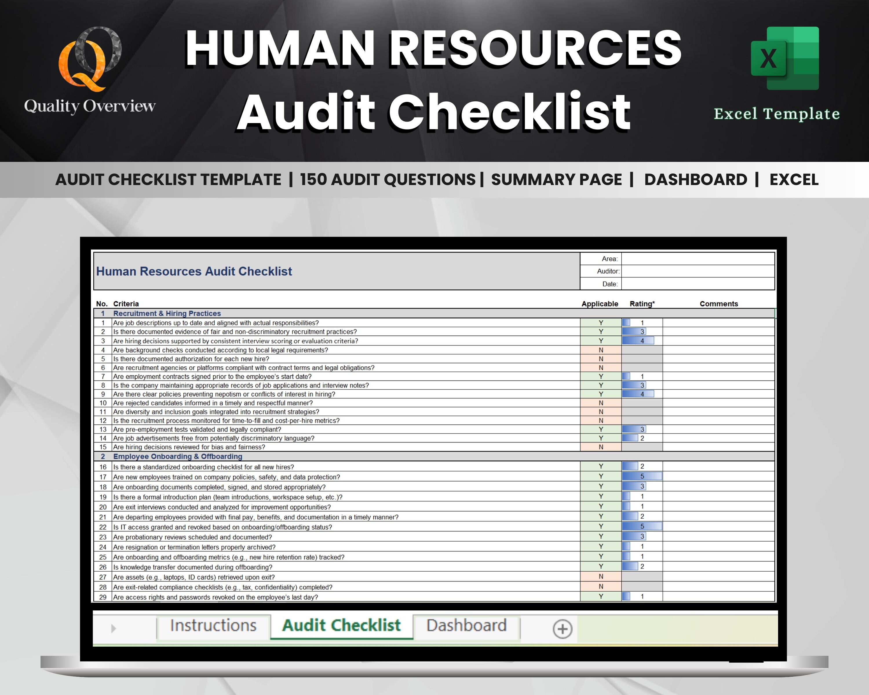HR Audit Checklist Template - Human Resources Compliance Excel Tool Dashboard Scoring Excel template