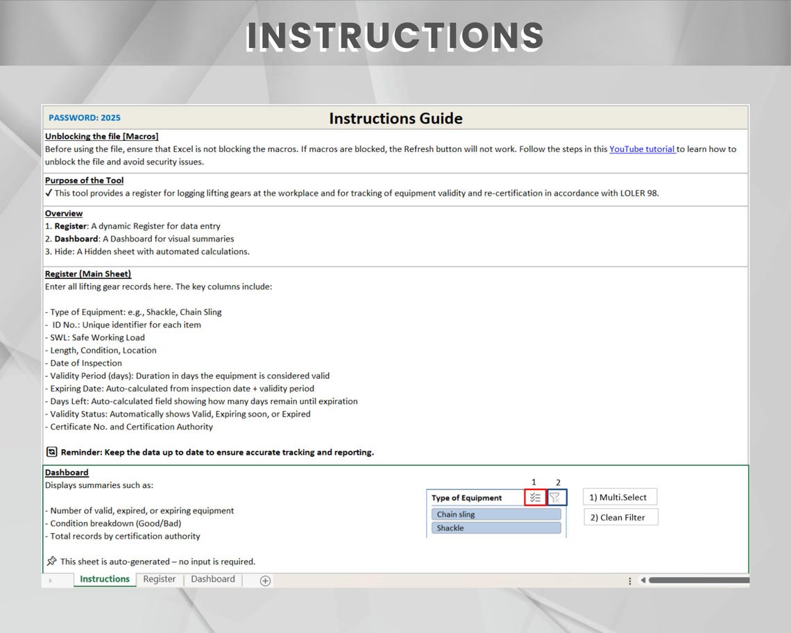 Loler Register Example Lifting Gear Inspection Register | Excel Tracker for Safety Compliance ...