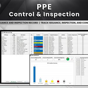 Könnte beinhalten: Ein Laptop-Bildschirm zeigt eine Excel-Vorlage für die Kontrolle und Inspektion von PSA (Persönliche Schutzausrüstung). Der Titel lautet "PPE Control & Inspection". Datentabellen und Diagramme zeigen Daten.
