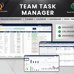 Könnte beinhalten: Eine digitale Excel-Vorlage namens "Team Task Manager" mit Aufgabenverfolgung, Kalender und Dashboard. Das Bild zeigt verschiedene Tabellenansichten, darunter ein Aufgabenregister und eine Kalenderansicht. Die Vorlage bietet Optionen zum Registrieren, Anzeigen des Kalenders und des Dashboards. Maße in cm.