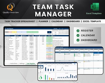 Op de afbeelding: Een digitale Excel-sjabloon met de titel "Team Task Manager" met een taaktracker, kalender en dashboard. De afbeelding toont verschillende spreadsheetweergaven, waaronder een taakregister en een kalenderweergave. De sjabloon bevat de opties om te registreren, de kalender te bekijken en het dashboard te bekijken. Afmetingen in cm.