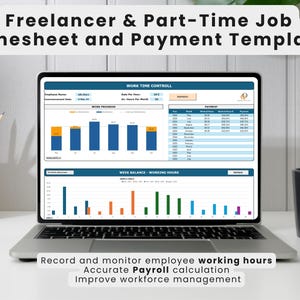 Puede incluir: Un ordenador portátil que muestra una plantilla de hoja de tiempo y pago para autónomos y trabajadores a tiempo parcial. La plantilla incluye secciones para el control del tiempo de trabajo, el saldo de la semana, las horas trabajadas y el pago. La plantilla está diseñada para ayudar a los usuarios a realizar un seguimiento de sus horas de trabajo y calcular su salario.