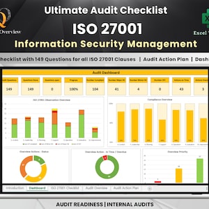 May include: A laptop screen displays an Excel template for an ISO 27001 audit checklist. The title reads "Ultimate Audit Checklist" and "Information Security Management." The dashboard shows data visualizations, including bar graphs and pie charts, with labels like "Audit Dashboard" and "Compliance Overview."