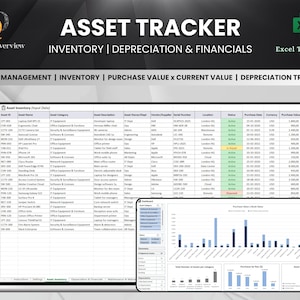 May include: A digital asset tracker template displayed on a laptop screen. The title "ASSET TRACKER" is at the top, with "INVENTORY | DEPRECIATION & FINANCIALS" below. The template includes data tables and charts for asset management and financial tracking.