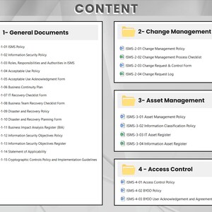 Pu&ograve; includere: Documento digitale su sfondo bianco, con un sommario. Il contenuto &egrave; diviso in quattro sezioni: Documenti Generali, Gestione dei Cambiamenti, Gestione degli Asset e Controllo Accessi, con politiche correlate.