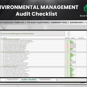 Könnte beinhalten: Ein Computerbildschirm zeigt eine Checkliste für ein Umweltmanagement-Audit. Die Checkliste enthält Kriterien wie Umweltpolitik und -führung, Identifizierung und Planung von Umweltaspekten und -auswirkungen, Einhaltung von Gesetzen und Vorschriften sowie Umweltleistung. Die Checkliste ist in Spalten für Kriterien, Anwendbarkeit, Bewertung und Kommentare gegliedert.