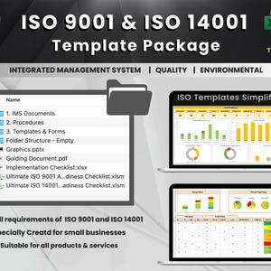 May include: A computer screen displaying a template package for ISO 9001 and ISO 14001 standards. The package includes a folder with documents, a checklist, and a simplified template for ISO standards. The text on the screen reads "ISO Templates Simplified".