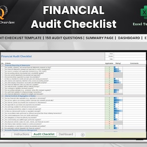 Puede incluir: Una plantilla de lista de verificación de auditoría financiera en formato de hoja de cálculo de Excel. La lista de verificación incluye 150 preguntas de auditoría, una página de resumen, un panel de control y una plantilla de Excel. La lista de verificación está dividida en tres secciones: Informes financieros y estados financieros, Controles internos y segregación de funciones, y Cuentas por pagar y gestión de gastos.