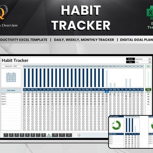 Könnte beinhalten: Eine digitale Gewohnheits-Tracker-Vorlage, die auf einem Laptop-Bildschirm angezeigt wird. Die Excel-Vorlage enthält einen täglichen, wöchentlichen und monatlichen Tracker mit einem digitalen Zielplaner. Der Text "HABIT TRACKER" wird oben im Bild angezeigt.