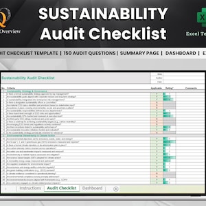 May include: A sustainability audit checklist template in Excel format. The checklist includes 150 audit questions, a summary page, a dashboard, and an Excel template. The checklist is designed to help businesses assess their sustainability performance.