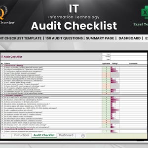 Könnte beinhalten: Ein Laptop-Bildschirm zeigt eine IT-Audit-Checkliste in einer Excel-Vorlage. Die Checkliste umfasst Abschnitte zu IT-Governance & Strategie, IT-Richtlinien & Compliance und Zugriffskontrolle & Identitätsmanagement. Das Dokument trägt den Titel "IT Audit Checklist".