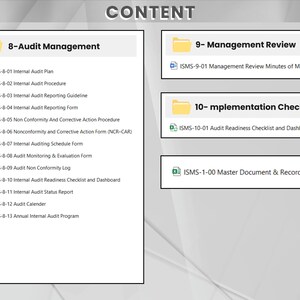 Pu&ograve; includere: Un documento digitale con il titolo "CONTENT" in alto. Il documento &egrave; diviso in sezioni, tra cui "8-Audit Management", "9-Management Review" e "10-Implementation Checklist". Ogni sezione elenca documenti correlati, come piani di audit e verbali di revisione.
