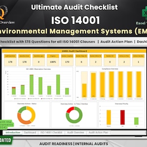 May include: A computer screen displaying a green and yellow dashboard with the title "Ultimate Audit Checklist ISO 14001 Environmental Management Systems (EMS)". The dashboard includes charts, graphs, and data related to an audit checklist with 178 questions for all ISO 14001 clauses, an audit action plan, and a dashboard. The text "Updated with the latest requirements (Dec 2024)" is displayed at the bottom left corner of the screen.
