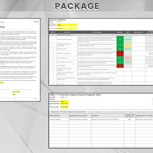 Pu&ograve; includere: Un pacchetto di tre documenti relativi alla politica ISMS e all'analisi dell'impatto aziendale. I documenti includono una dichiarazione di politica, una dichiarazione di applicabilit&agrave; e un registro di analisi dell'impatto aziendale. Sfondo bianco, testo nero e logo.