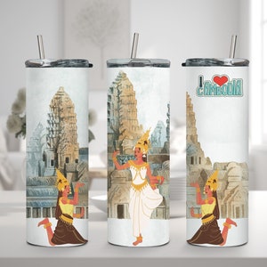 Angkor Wat Souvenir, Cambodian Apsara Tumbler, 20oz Stainless Steel Tumbler with Straw, Khmer Apsara Tea Tumbler, Gift Idea for Cambodian