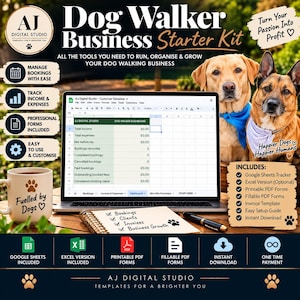 Könnte beinhalten: Ein digitales Starter-Kit für Hundebesitzer mit einem Laptop, der ein Google Sheets-Dashboard anzeigt, einem Notizbuch mit Checkliste, einer Tasse mit der Aufschrift Fuelled by Dogs und zwei Hunden mit Halstüchern sowie Formular-Icons.