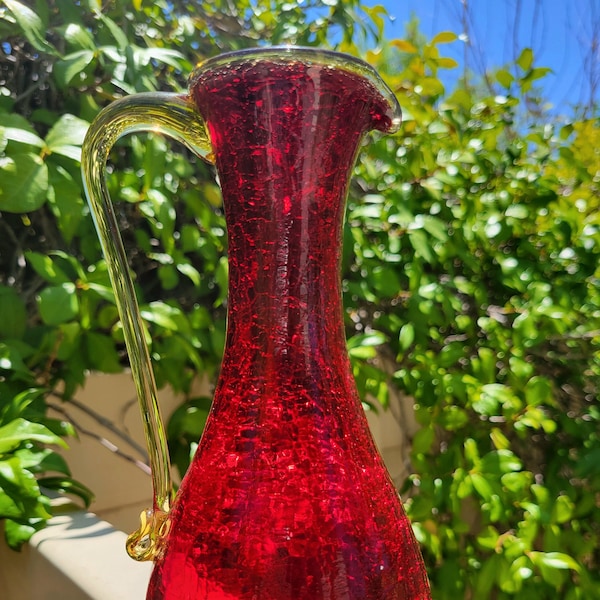 Vintage Pilgrim Amberina Crackle Glass Pitcher