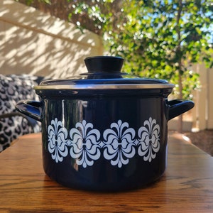 May include: A blue enamel pot with a white floral design. The pot has a black lid and two handles.