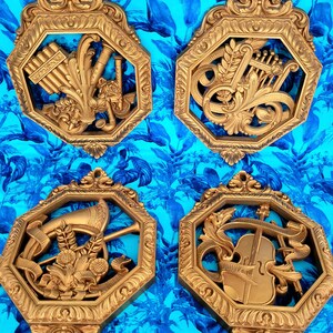 Set of 4 1976 Homco Gold Syrocco Musical Instrument Wall Hangings