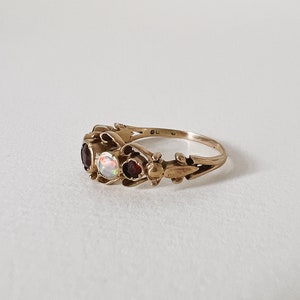 Ornate Garnet And Opal Vintage Dress Ring In 9ct Gold