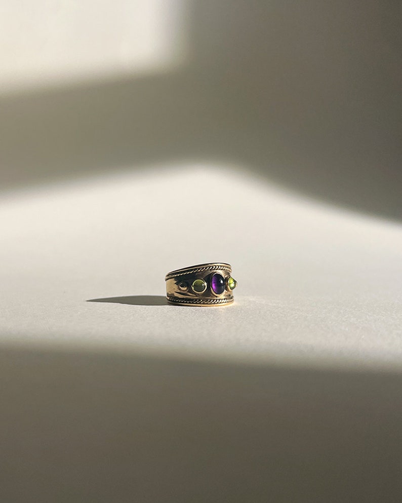 Statement Etruscan Style Amethyst & Peridot Ring In 9ct Gold image 9