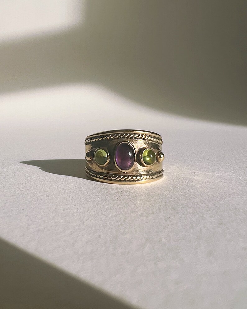 Statement Etruscan Style Amethyst & Peridot Ring In 9ct Gold image 5