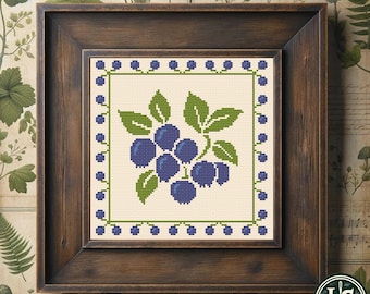 Padrão de Ponto Cruz de Mirtilos da Primavera - Guia de Bordado DIY de Frutas Vermelhas para o Dia das Mães | Artesanato com Agulha | Estilo Campestre