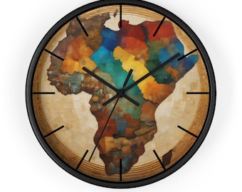 Mosaic Africa Map Circular Wall Clock | African Heritage Functional Art | Afrocentric Timepiece Decor