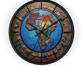 Africa Map Mosaic Circular Wall Clock - African Diaspora Decor - Afrocentric Cultural Heritage Timepiece Decor