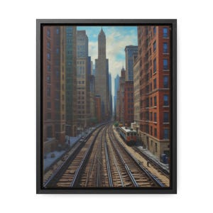 Chicago Loop Skyline with L-Train Tracks, Framed Canvas Print, Urban Home Decor, Gallery-Wrapped Giclee