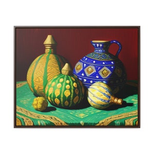 May include: Still life painting of a blue and white ceramic pitcher, a yellow and green striped bottle, and three gourds on a green tablecloth with a red background.