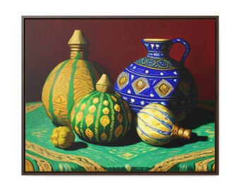 Palestine Still Life Canvas | Decorated Gourd Vessels on Green Cloth