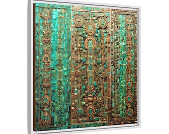 Türkis Mosaikplatten Abstrakte Wandkunst - Azteken-Relief gerahmter Giclée-Druck