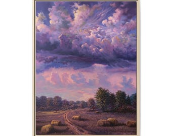 Mississippi Delta Landschaft & Himmel Leinwand Giclée Druck - Lila Dämmerung Heufeld Wandkunst