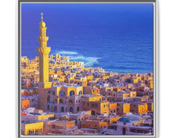 Palästinensische Landschaft Leinwanddruck | Mediterrane Mosaik-Wandkunst | Terrakotta & Kobalt Küstendekor