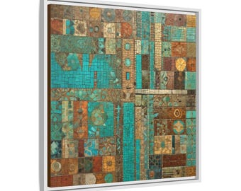 Meridian Mosaik Wand Kunst gerahmt | Blaugrün, Rost und Siena kartographische Leinwanddruck | Abstraktes Gitter