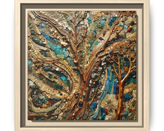 Baum Leben Wurzel Mosaik Delta Landschaft Archivierung Giclée Leinwand - Bio Zweig Fine Art Print - Türkise Terrakotta Stein Wanddekoration