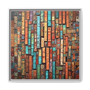 May include: Abstract art piece with a white frame. The artwork features a mosaic of rectangular blocks in various colors, including orange, teal, brown, and purple. The blocks have textured surfaces and decorative patterns, creating a vibrant and detailed composition.