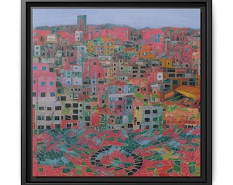 Gaza Stadt Fine Art Leinwand Druck | Palästinensische Mosaik Kulturerbe Wandkunst | Koralle & Türkis Fauvistische Stadtlandschaft