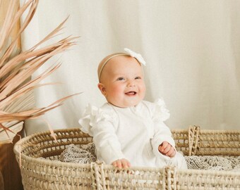 White Ribbed cotton zipper romper with ruffle