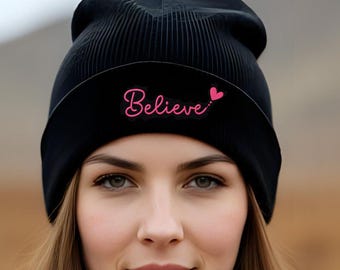 Gorro de punto unisex con puño y bordado "Believe": gorro de invierno unisex de punto.