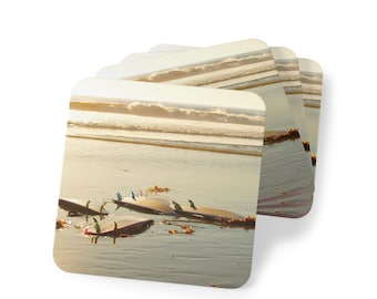 Conjunto de porta-copos em formato de prancha de surfe: decoração praiana, presente para surfistas, conjunto com 4 peças.