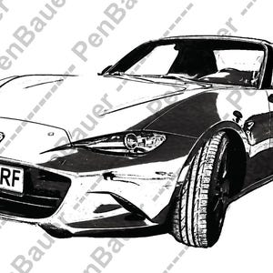 Może przedstawiać: Czarno-biała ilustracja srebrnego, otwartego samochodu sportowego z tablicą rejestracyjną "MX 5 RF".